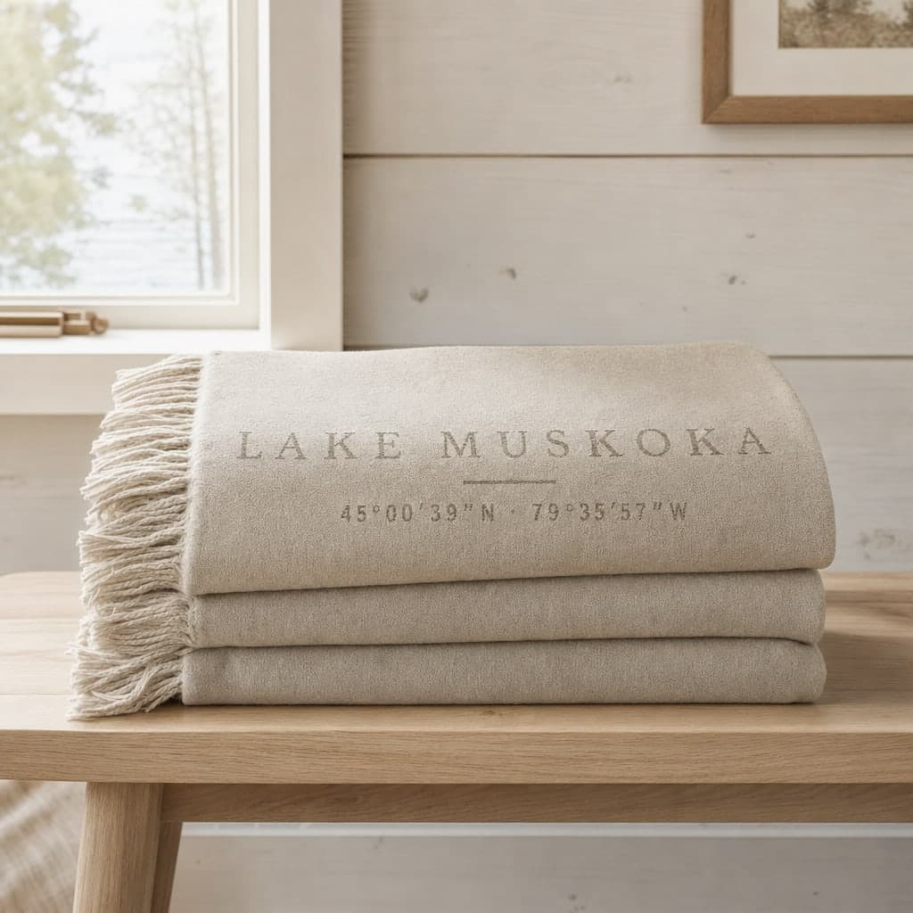 An oat jacquard blanket with a fringed edge, folded on a wooden bench, with LAKE MUSKOKA and its coordinates woven across it.