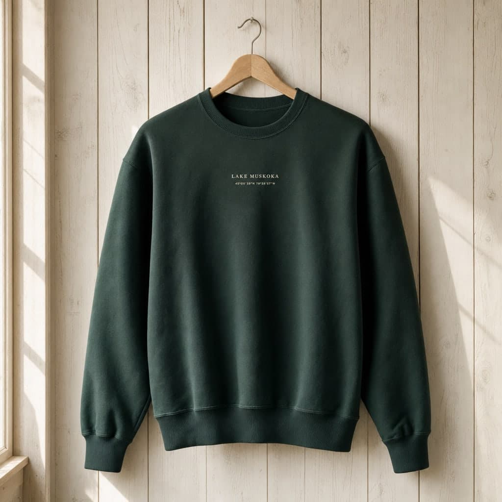 A forest green crewneck on a wooden hanger, with LAKE MUSKOKA and its coordinates embroidered on the chest.