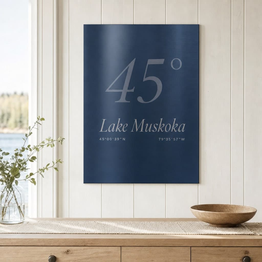 A deep blue aluminum print on a cottage wall, with a large 45°, Lake Muskoka and its coordinates.
